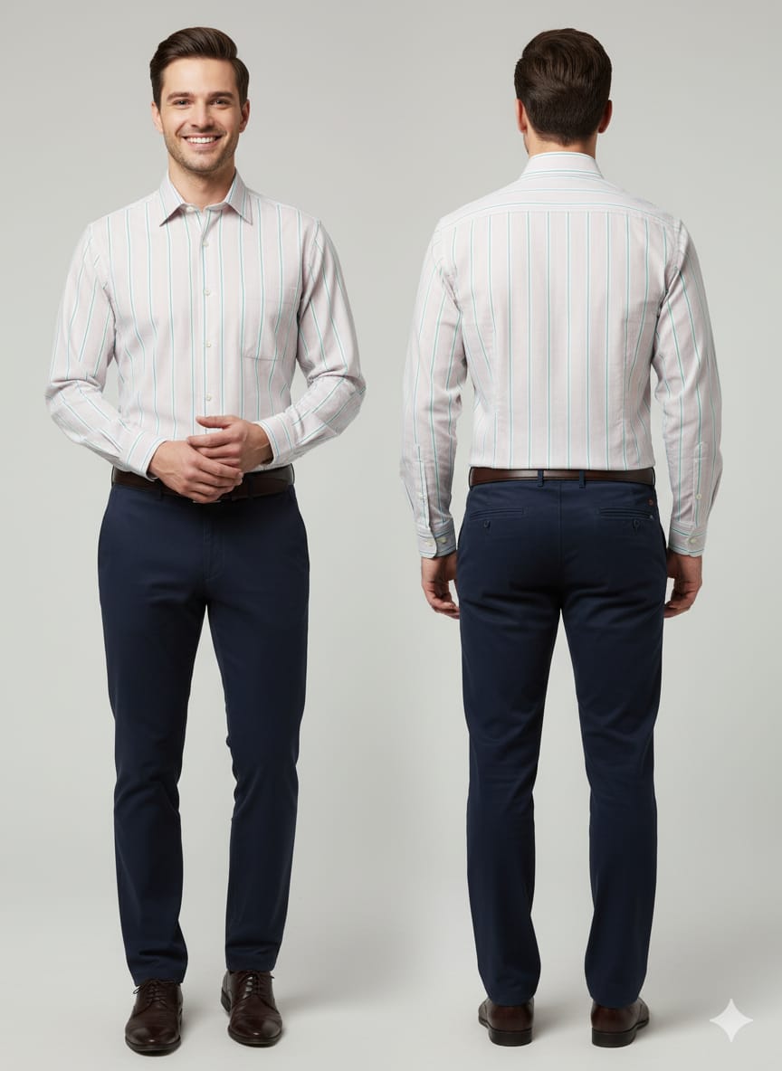 White Shirt with Teal Vertical Stripes