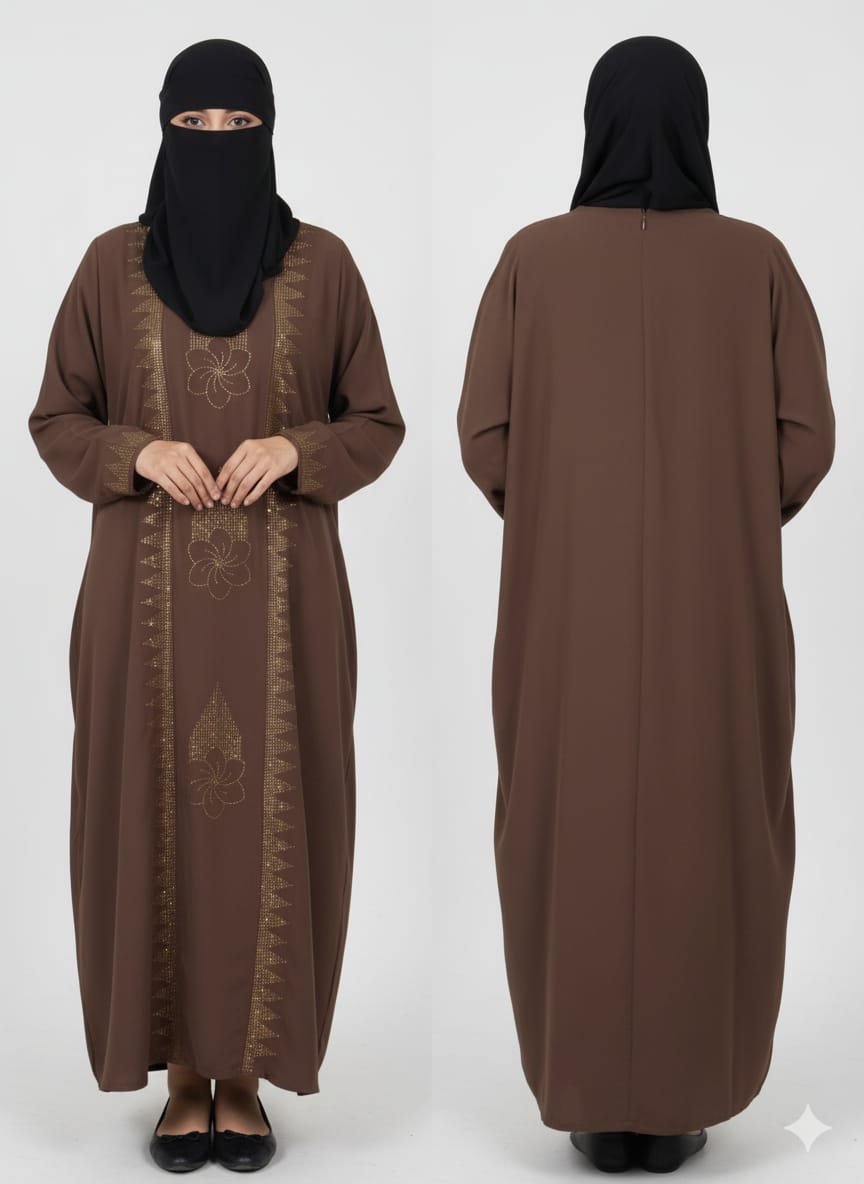 Elegant Brown Abaya with Golden Embroidery